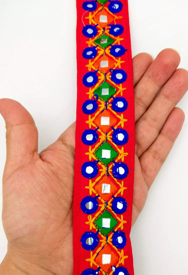 Red Multicoloured Indian Mirror Trim Kutch Embroidered Navratri Garba Dress Trim Bridal Lace, Indian Sari Border 36 mm Wide Trim Per Yard